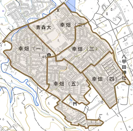 幸畑とその周辺の地図。町の範囲を重ねている