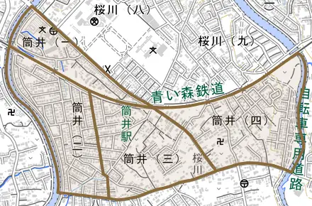 筒井とその周辺の地図。町の範囲を重ねている