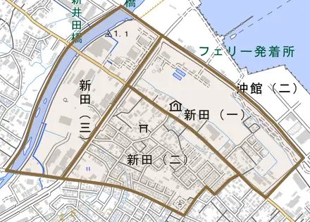 新田とその周辺の地図。町の範囲を重ねている