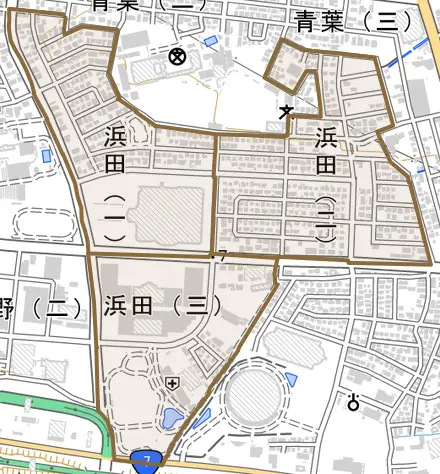 浜田とその周辺の地図。町の範囲を重ねている