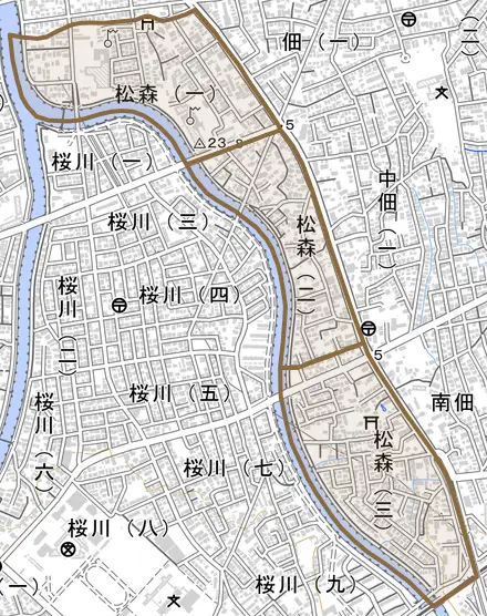 松森とその周辺の地図。町の範囲を重ねている