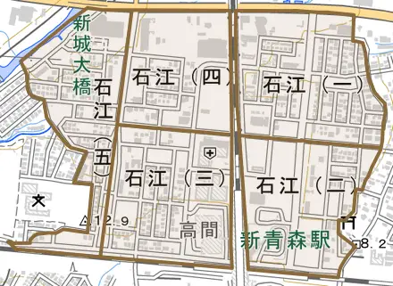 石江とその周辺の地図。町の範囲を重ねている