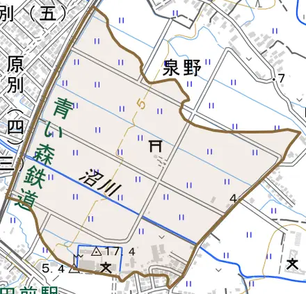 大字原別字下海原とその周辺の地図。町の範囲を重ねている