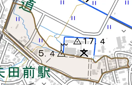 大字原別字袖崎とその周辺の地図。町の範囲を重ねている