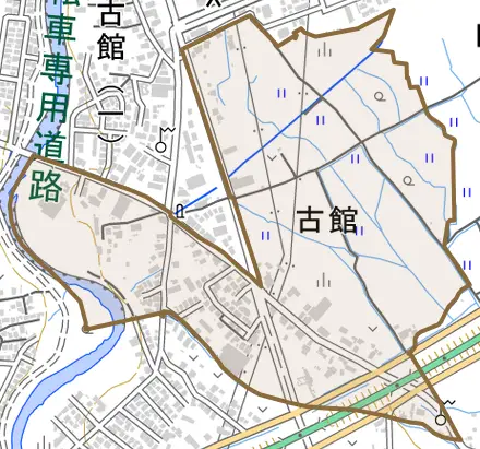 大字古館とその周辺の地図。町の範囲を重ねている