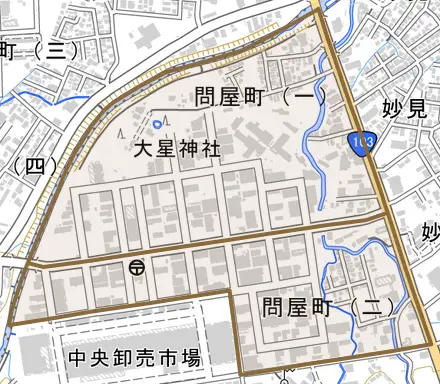 問屋町とその周辺の地図。町の範囲を重ねている