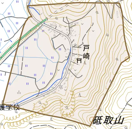 大字戸崎とその周辺の地図。町の範囲を重ねている
