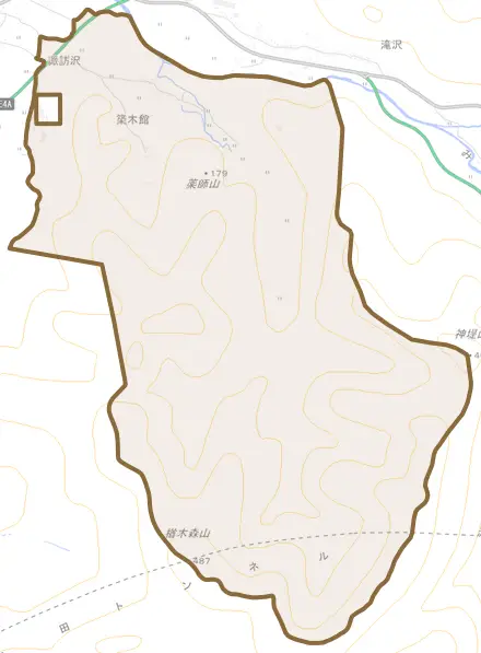 大字築木館とその周辺の地図。町の範囲を重ねている