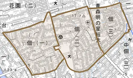 佃とその周辺の地図。町の範囲を重ねている