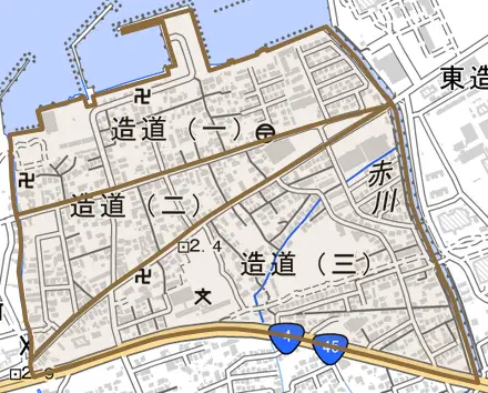 造道とその周辺の地図。町の範囲を重ねている