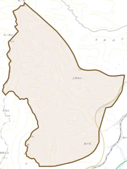 大字鶴ケ坂とその周辺の地図。町の範囲を重ねている