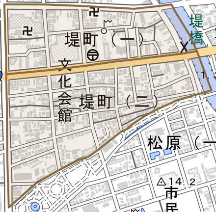 堤町とその周辺の地図。町の範囲を重ねている