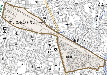 大字浦町とその周辺の地図。町の範囲を重ねている