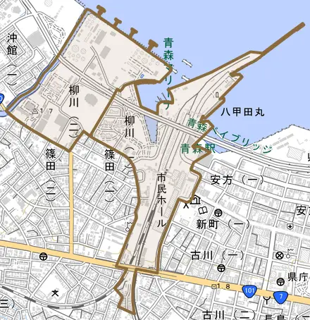 柳川とその周辺の地図。町の範囲を重ねている