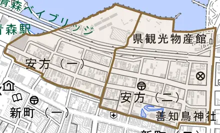 安方とその周辺の地図。町の範囲を重ねている
