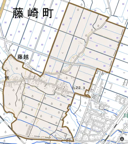 大字藤越とその周辺の地図。町の範囲を重ねている