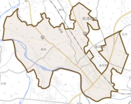 大字藤崎とその周辺の地図。町の範囲を重ねている