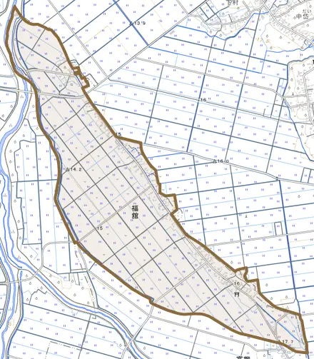 大字福舘とその周辺の地図。町の範囲を重ねている