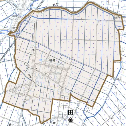 大字福島とその周辺の地図。町の範囲を重ねている