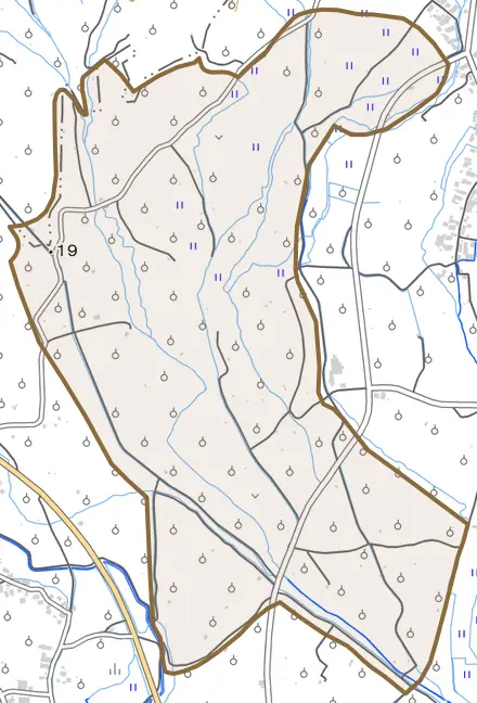 大字五林とその周辺の地図。町の範囲を重ねている