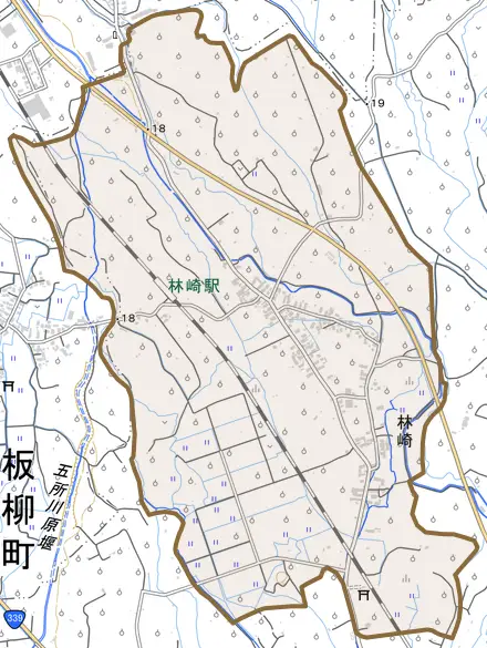大字林崎とその周辺の地図。町の範囲を重ねている