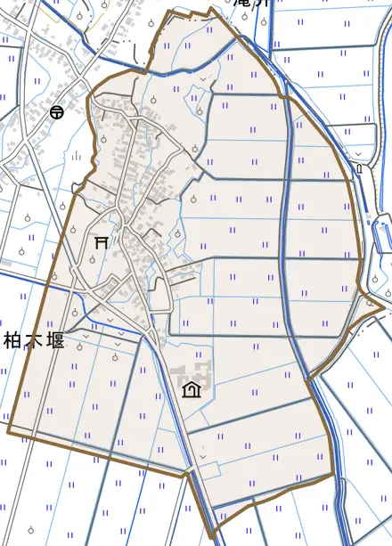 大字柏木堰とその周辺の地図。町の範囲を重ねている