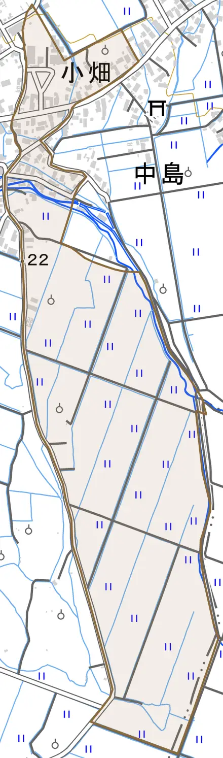 大字小畑とその周辺の地図。町の範囲を重ねている