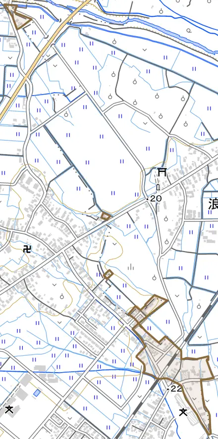 大字増館とその周辺の地図。町の範囲を重ねている