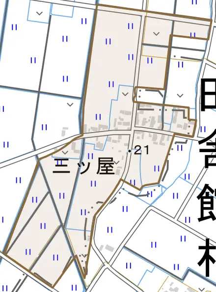 大字三ツ屋とその周辺の地図。町の範囲を重ねている