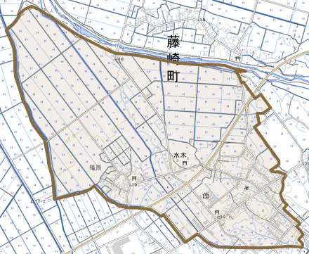 大字水木とその周辺の地図。町の範囲を重ねている
