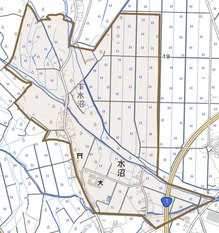 大字水沼とその周辺の地図。町の範囲を重ねている