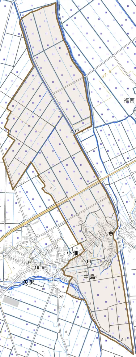 大字中島とその周辺の地図。町の範囲を重ねている