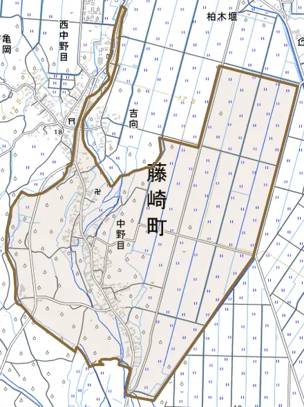 大字中野目とその周辺の地図。町の範囲を重ねている