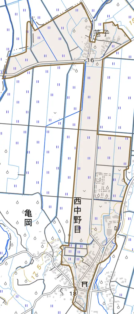 大字西中野目とその周辺の地図。町の範囲を重ねている