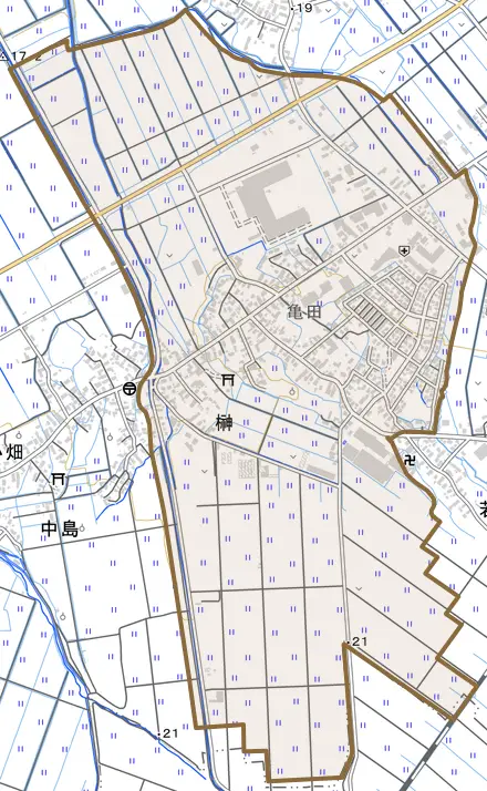 大字榊とその周辺の地図。町の範囲を重ねている