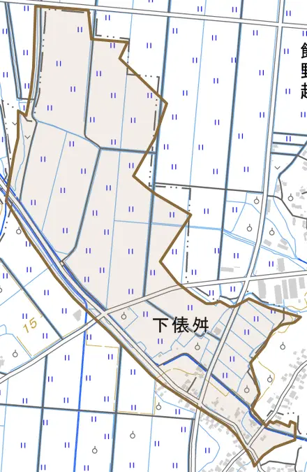 大字下俵舛とその周辺の地図。町の範囲を重ねている
