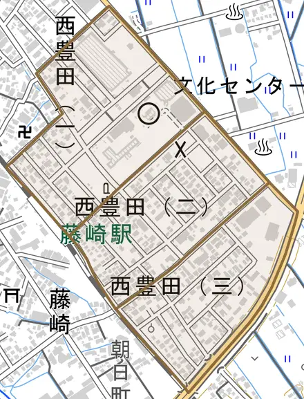 大字西豊田とその周辺の地図。町の範囲を重ねている