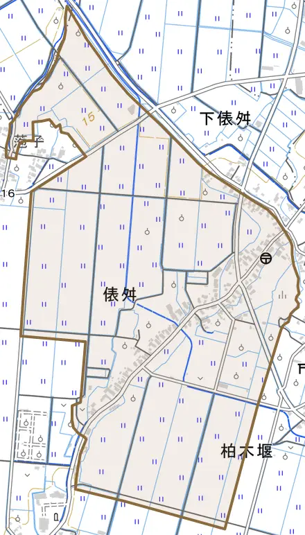 大字俵舛とその周辺の地図。町の範囲を重ねている