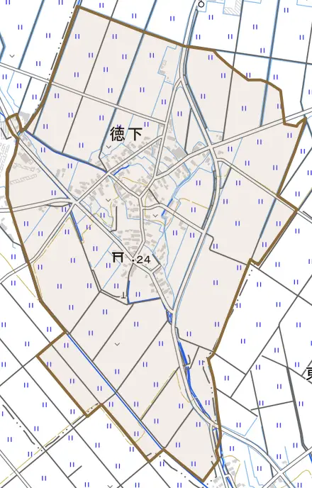 大字徳下とその周辺の地図。町の範囲を重ねている