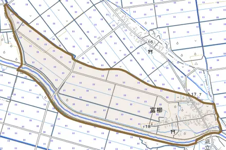 大字富柳とその周辺の地図。町の範囲を重ねている