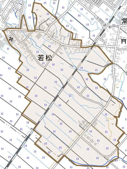 大字若松とその周辺の地図。町の範囲を重ねている