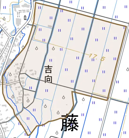 大字吉向とその周辺の地図。町の範囲を重ねている