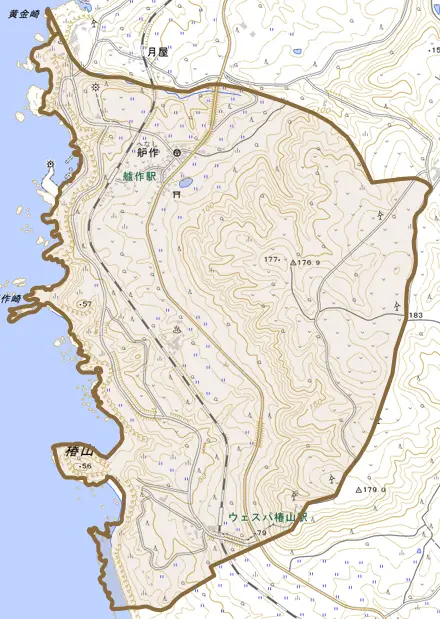大字舮作とその周辺の地図。町の範囲を重ねている