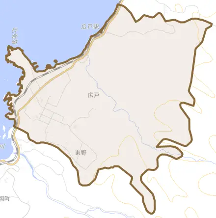 大字広戸とその周辺の地図。町の範囲を重ねている