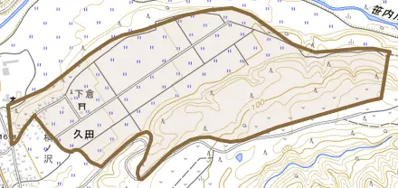 大字久田とその周辺の地図。町の範囲を重ねている