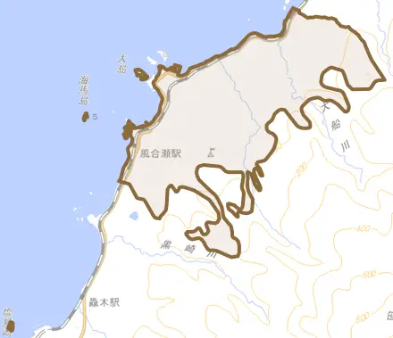 大字風合瀬とその周辺の地図。町の範囲を重ねている