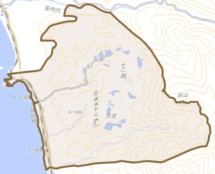 大字松神とその周辺の地図。町の範囲を重ねている
