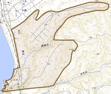 大字森山とその周辺の地図。町の範囲を重ねている