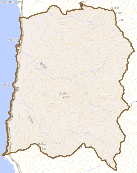大字大間越とその周辺の地図。町の範囲を重ねている