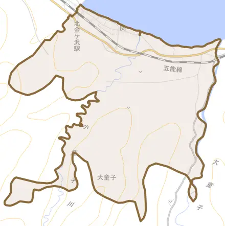 大字関とその周辺の地図。町の範囲を重ねている